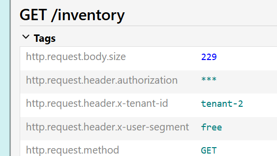 Jaeger span tags showing obfuscated authorization and included tenant and segment headers